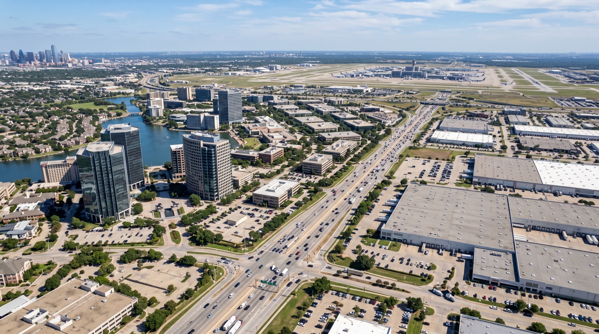 Las Colinas skyline and commercial buildings in Irving TX