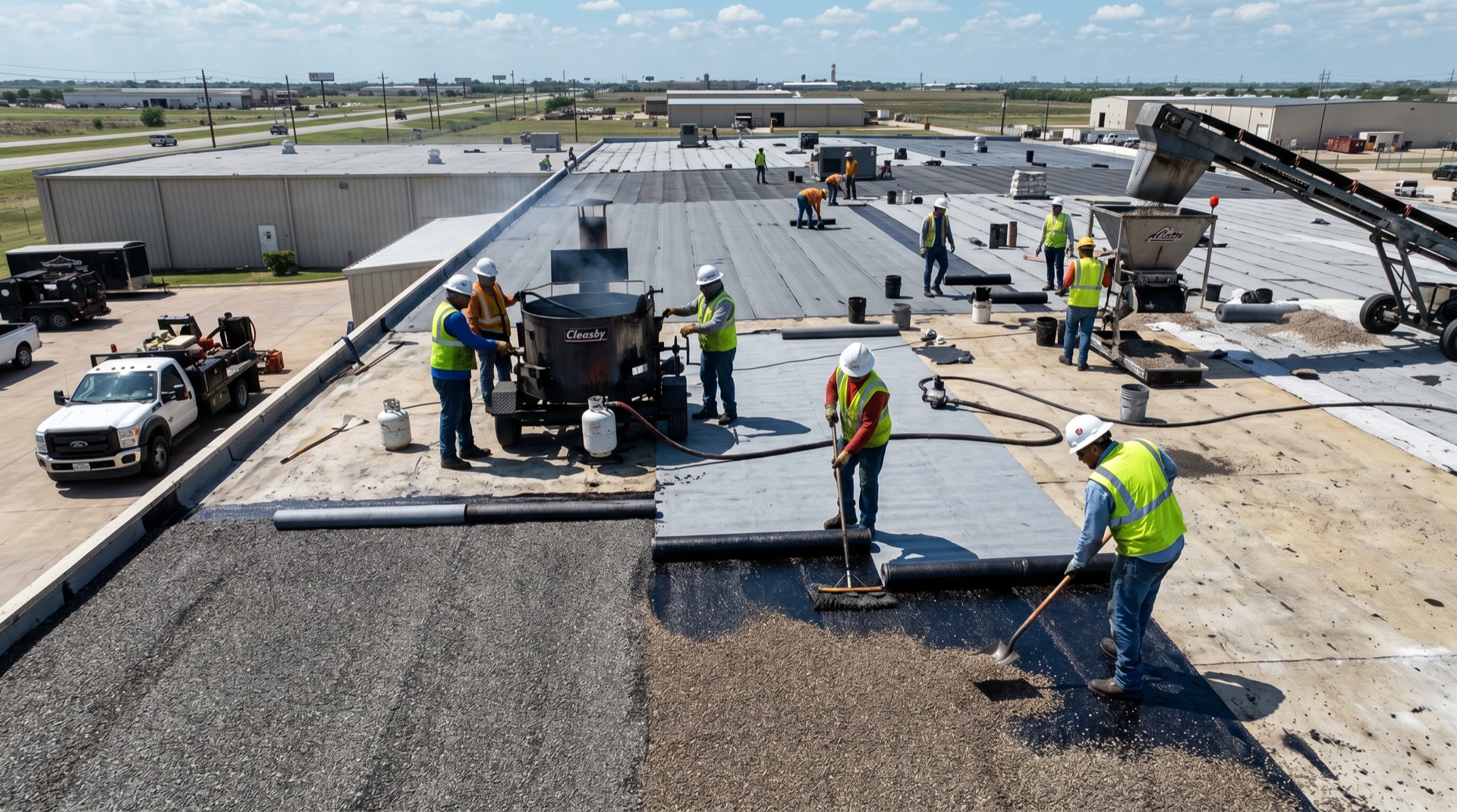 Built-up roofing system with gravel surfacing on a commercial building in DFW