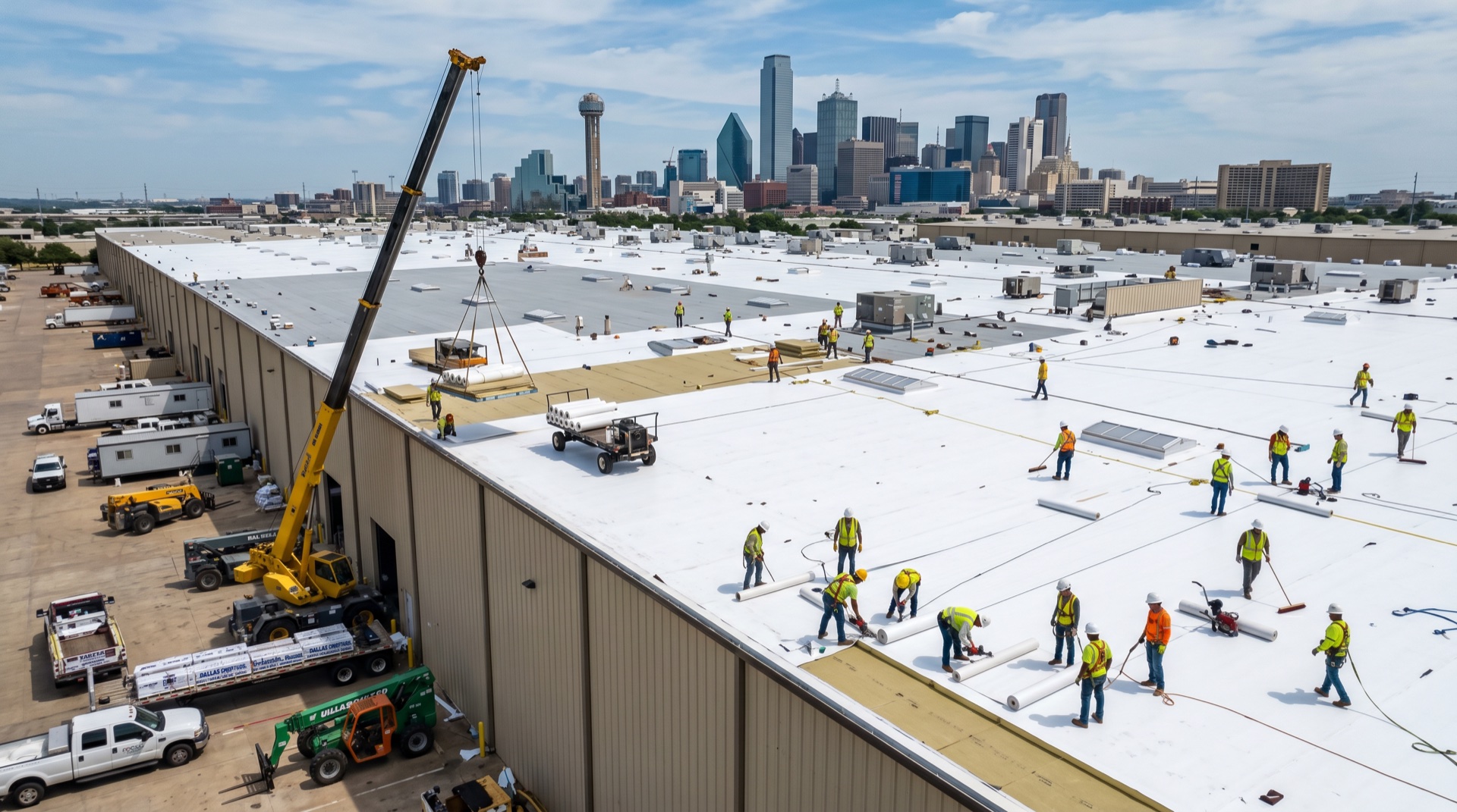 Commercial roof installation in progress on a DFW office building