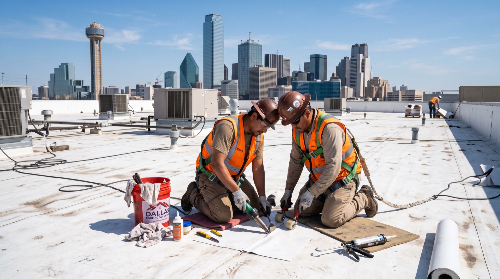 Commercial roof repair technician sealing a membrane leak on a DFW building