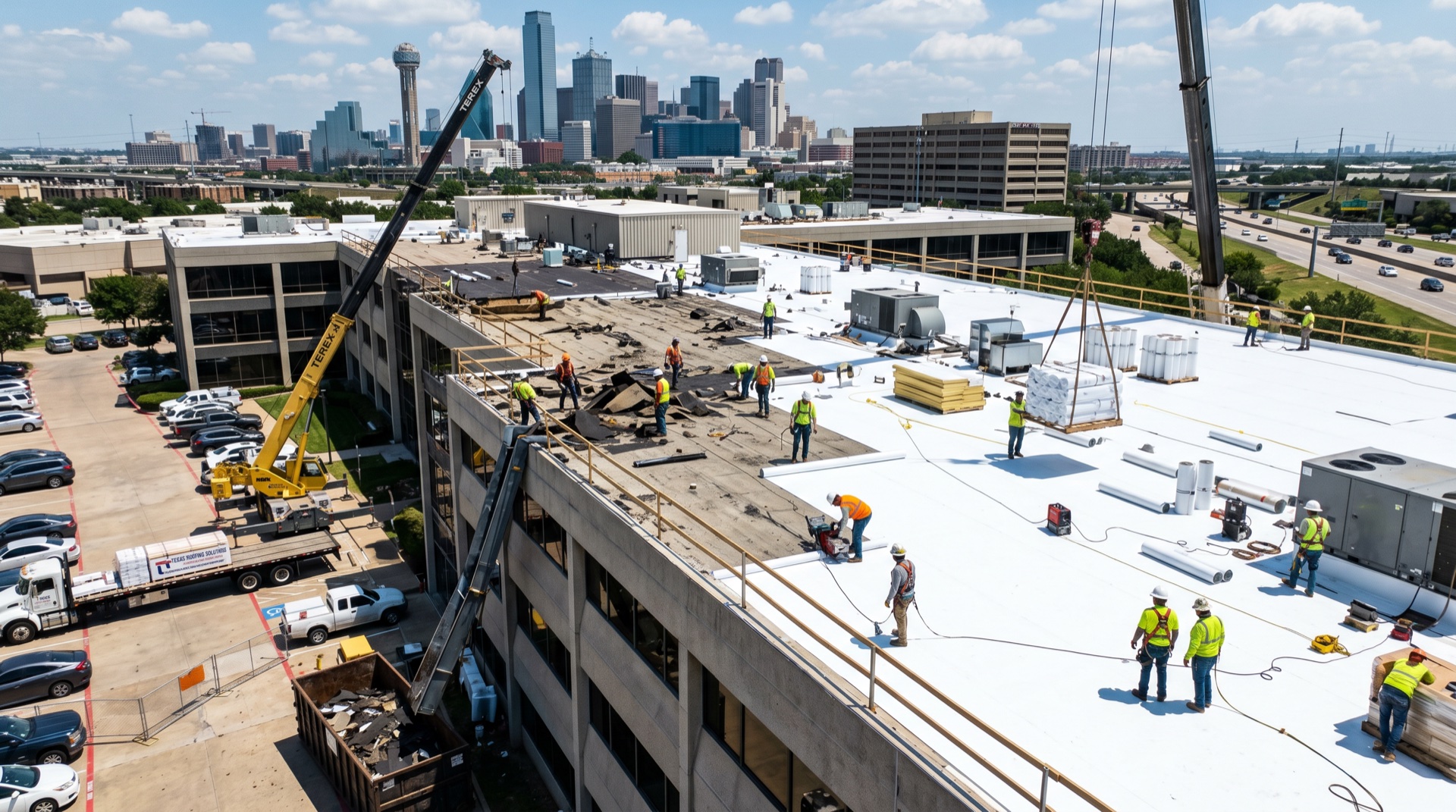 Commercial roof replacement in progress, tear-off complete, new membrane being installed