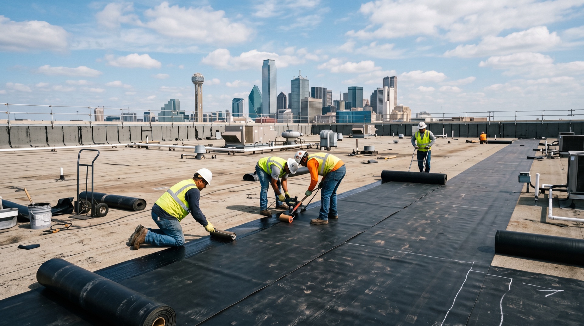 EPDM rubber roofing membrane being installed on a commercial building in Fort Worth TX