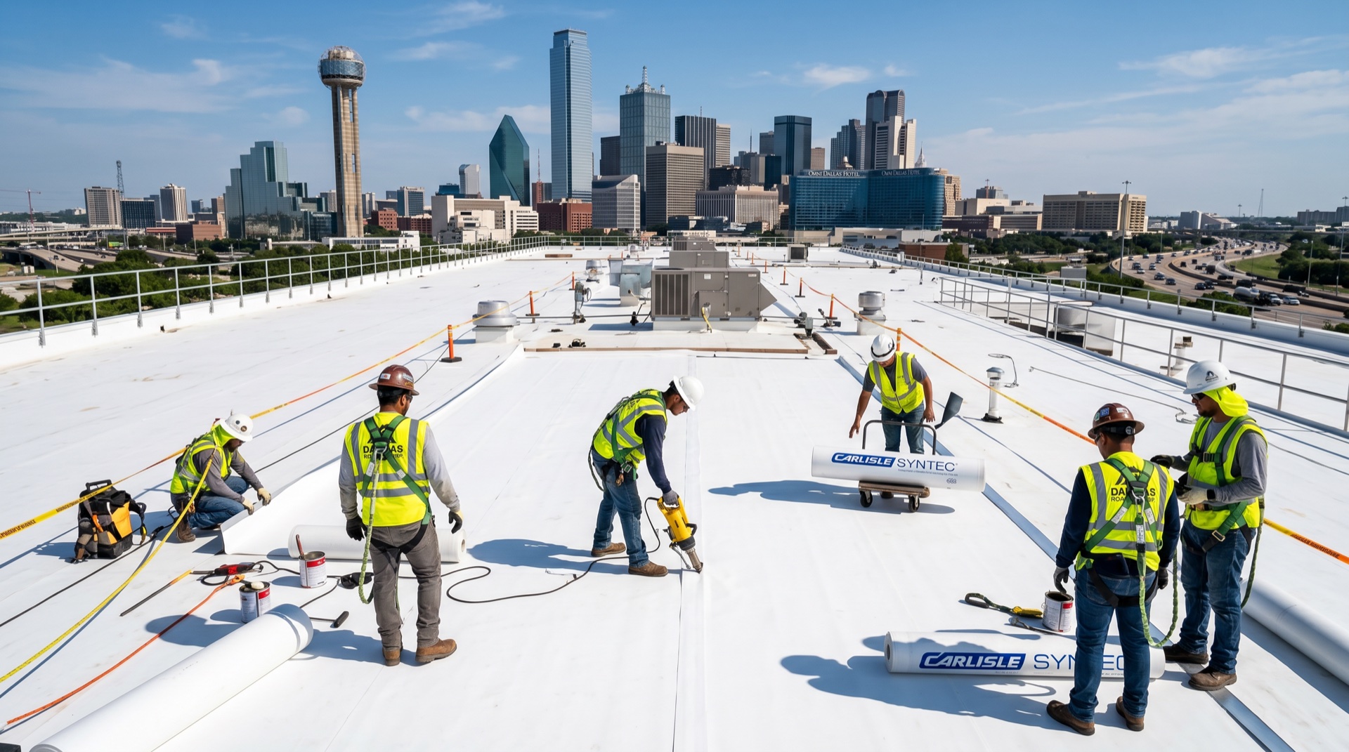 Commercial roofing installation on a large DFW office building