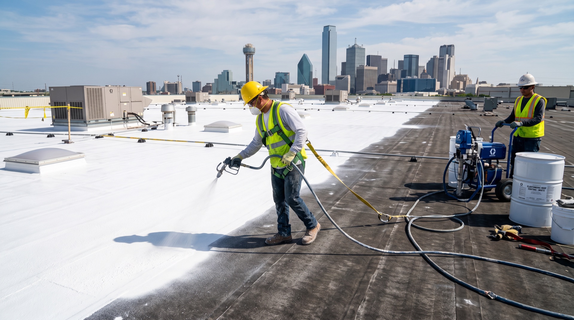 Commercial roof coating being spray-applied on a large flat roof in DFW