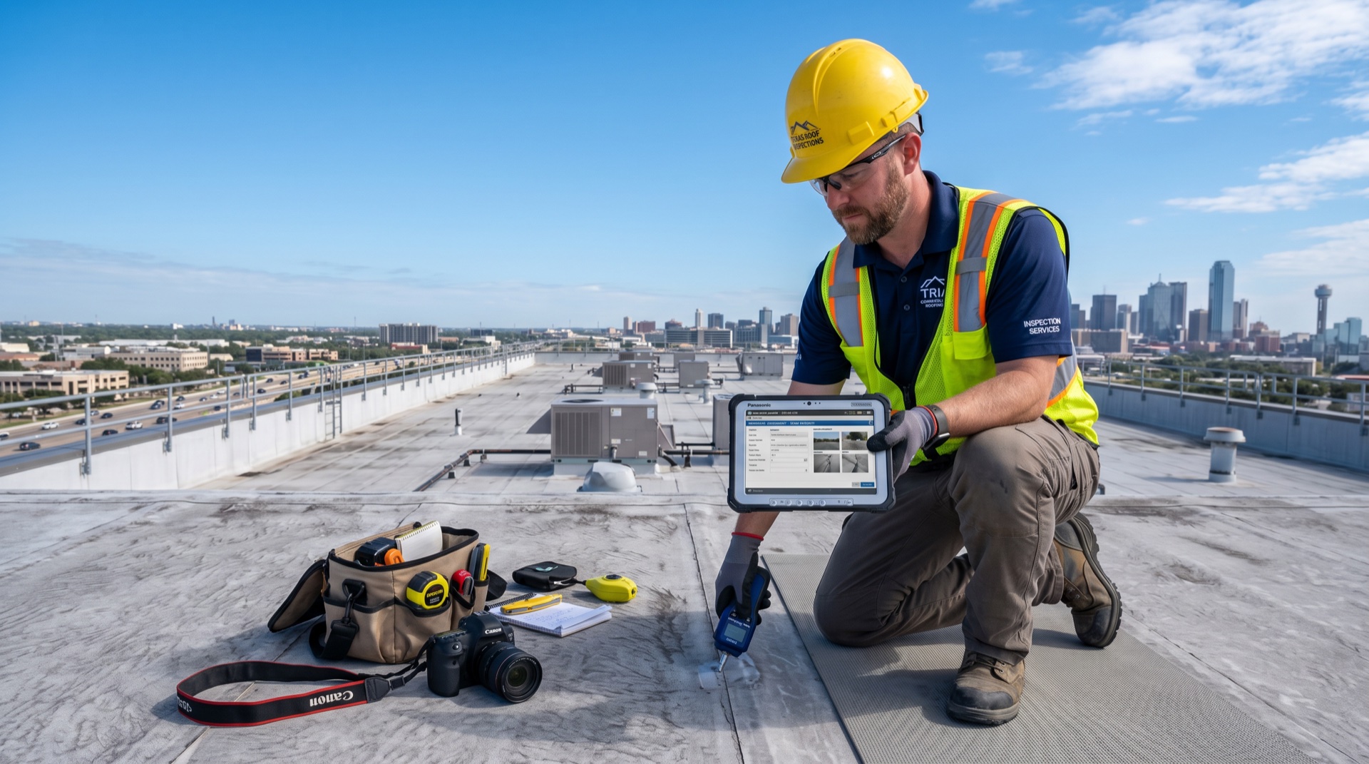 Commercial roof inspector using infrared camera to detect moisture on a DFW building