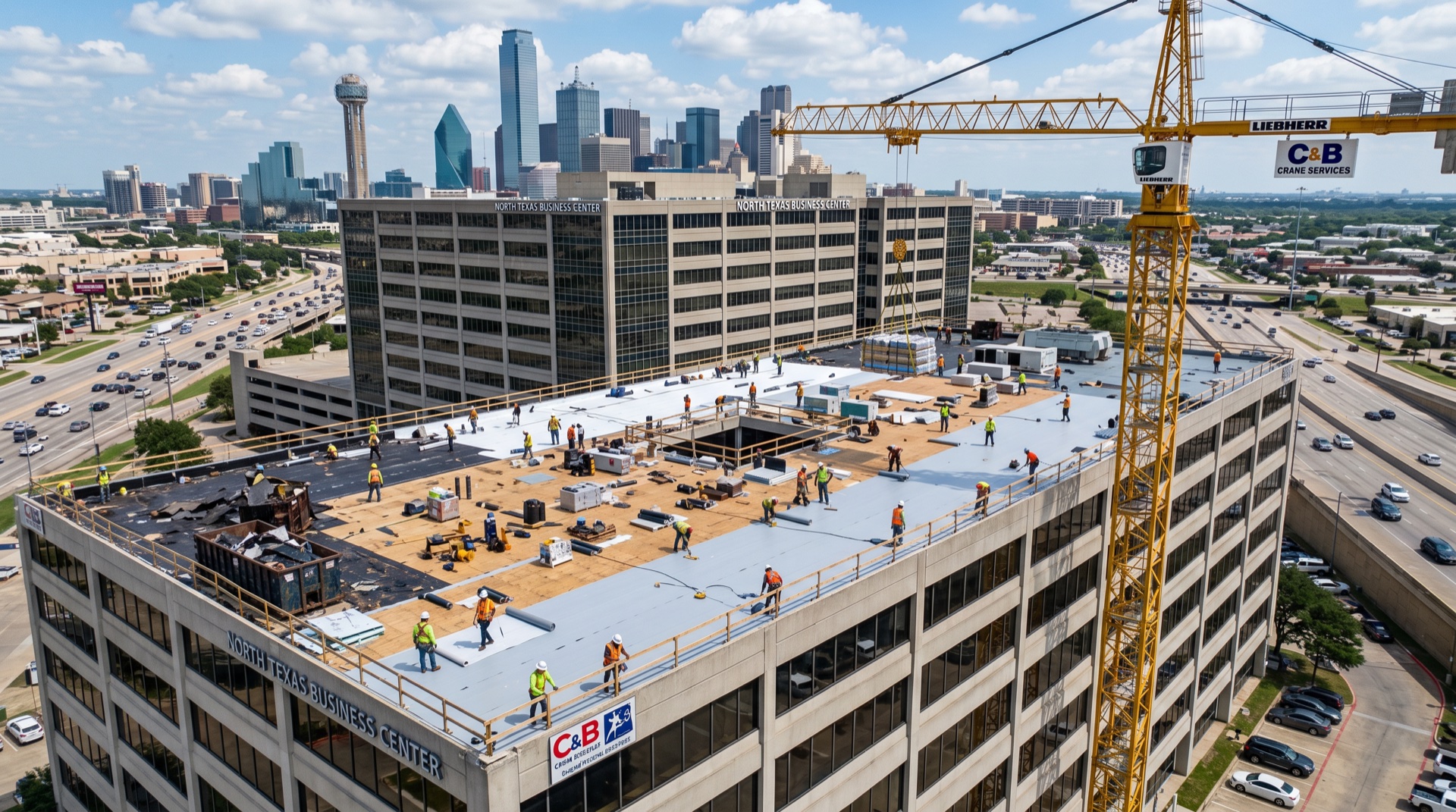Commercial roof tear-off and replacement in progress in DFW