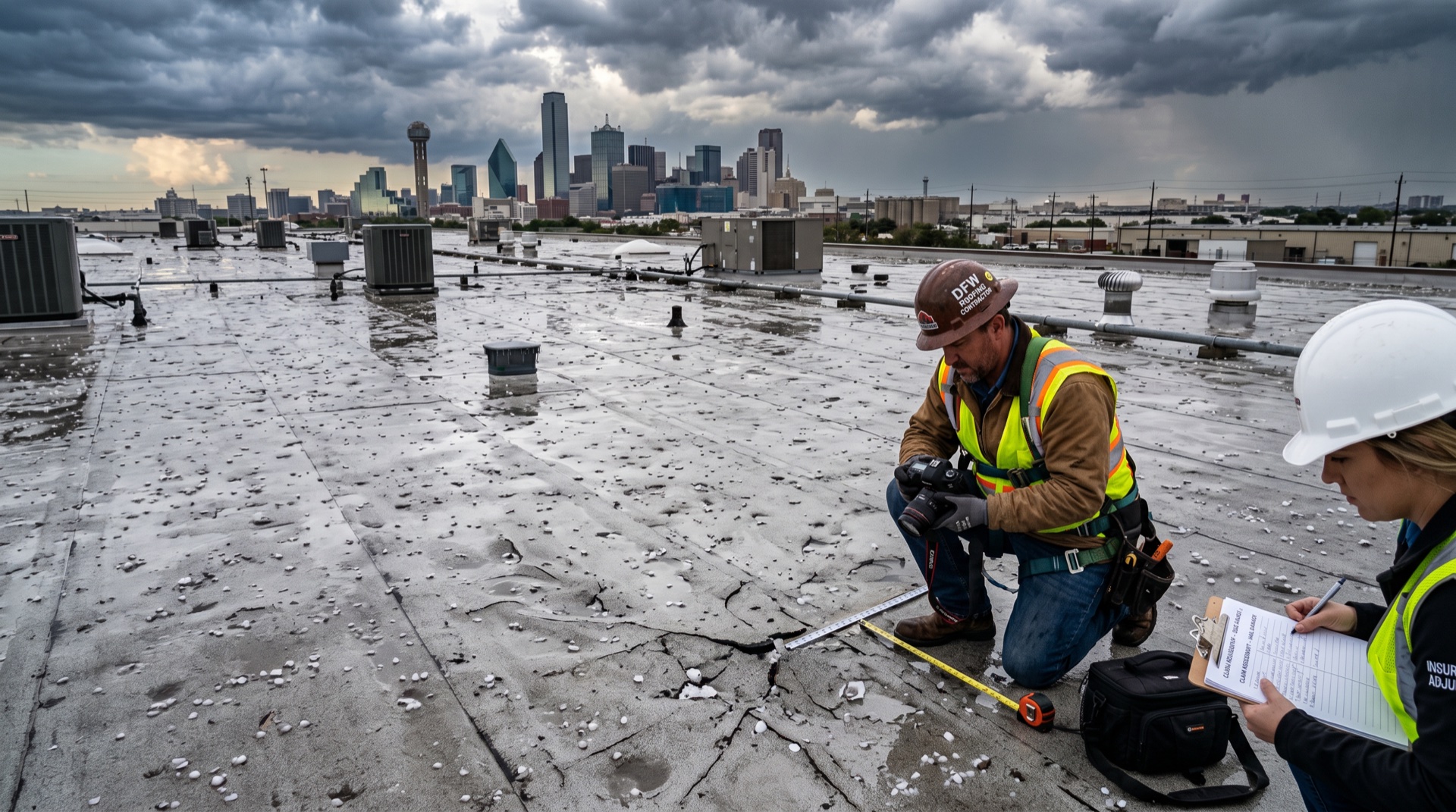Hail damage assessment on a commercial roof in the DFW metroplex after a severe storm