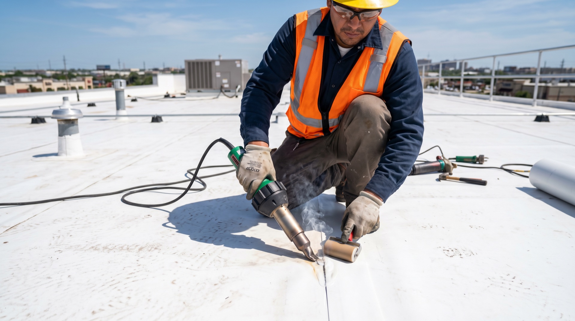 White TPO membrane roofing being installed on a commercial building in DFW