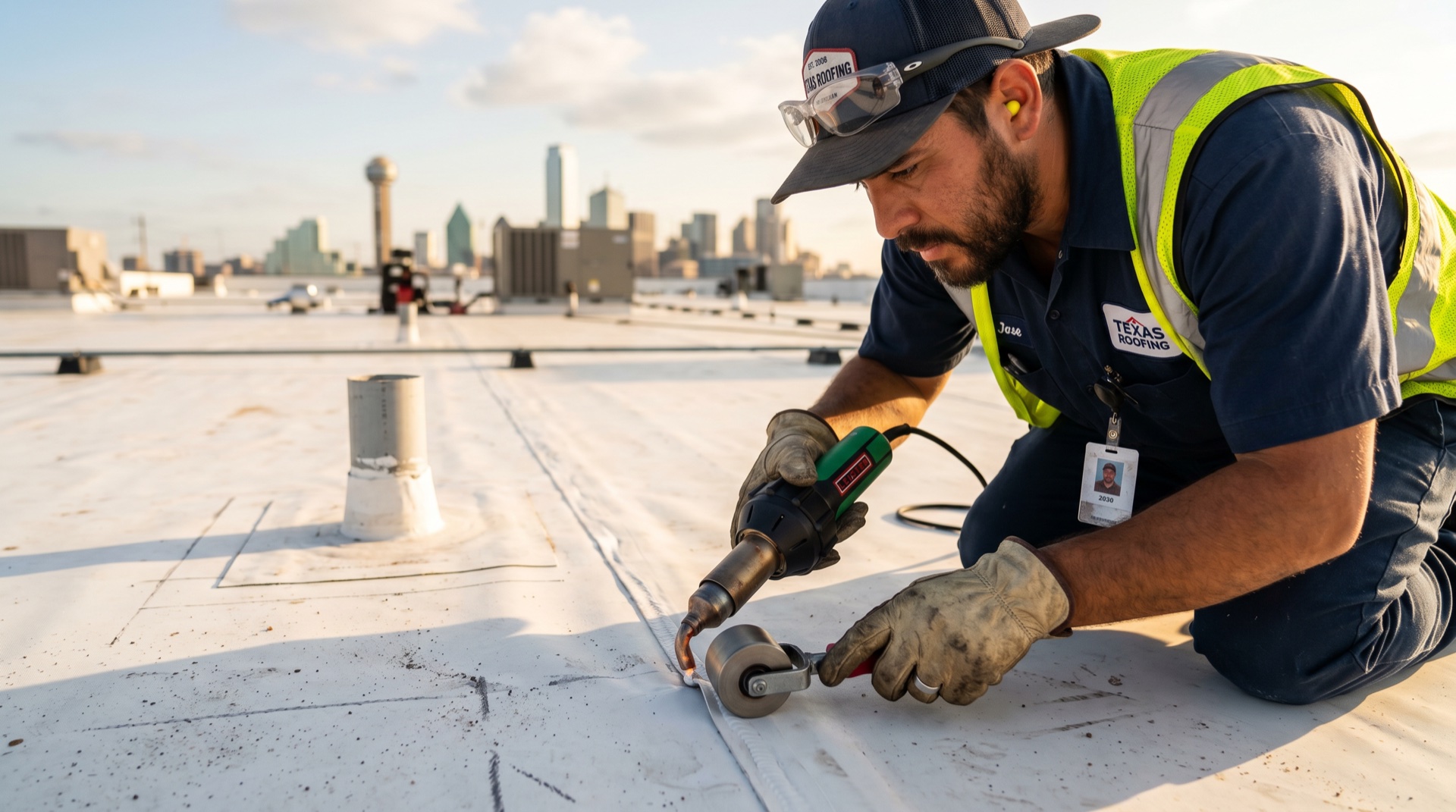 Commercial roofing crew working on a Dallas TX building